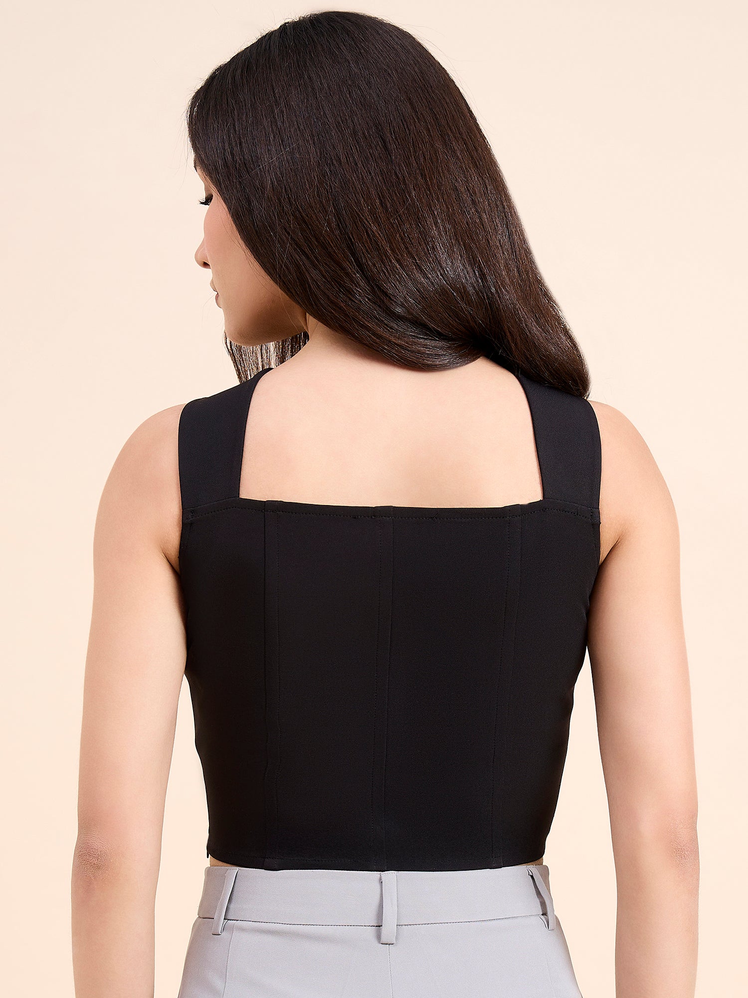 Solid Black Square Neck Corset Crop Top In Stretch Fabric