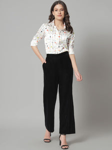 Comfortable Mid Waist Velvet Trouser- Black