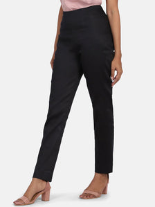 Mid Waist Stretch Cotton Slim Fit Trouser - Black