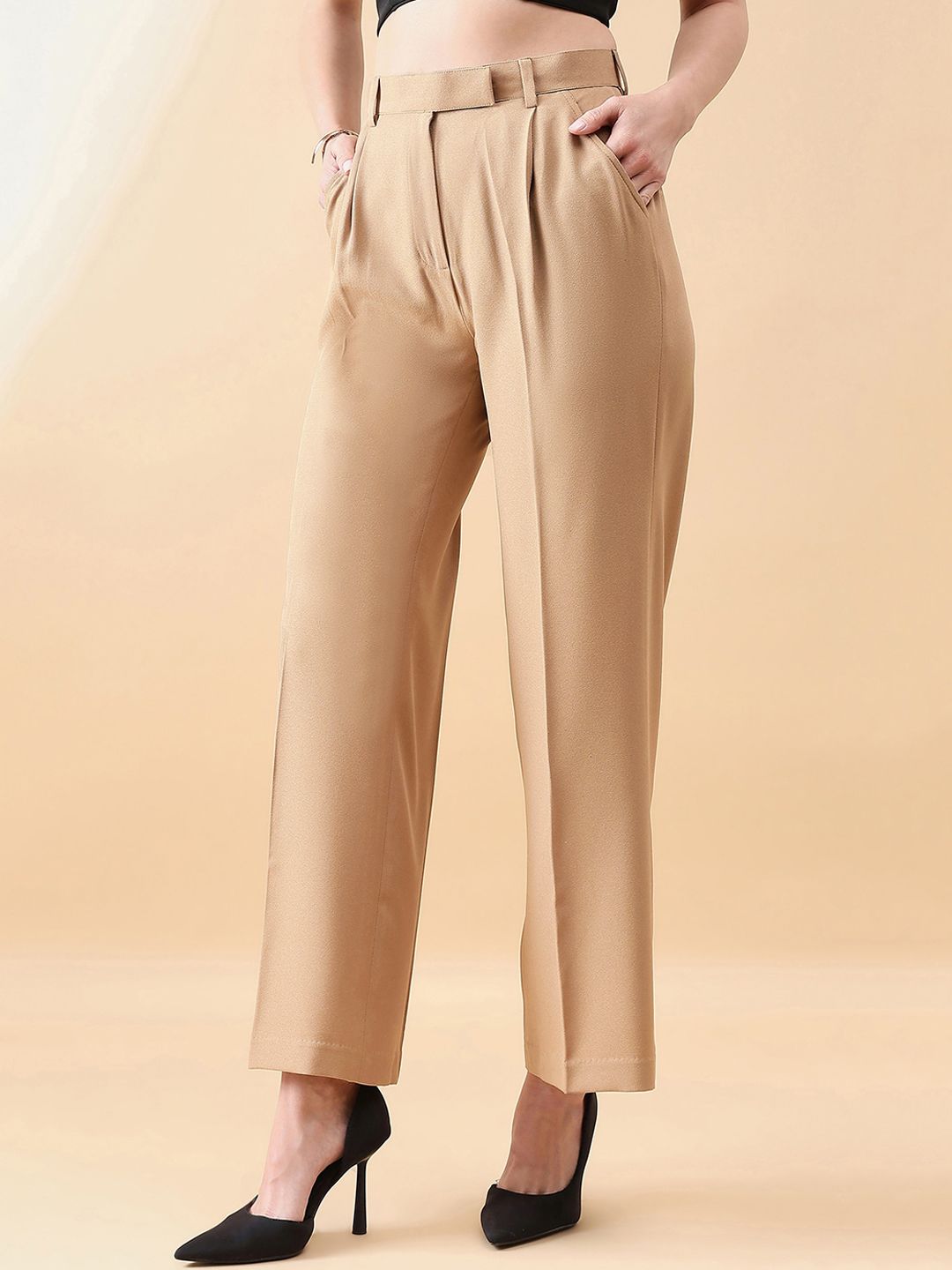 High Waist Straight Trouser - Beige