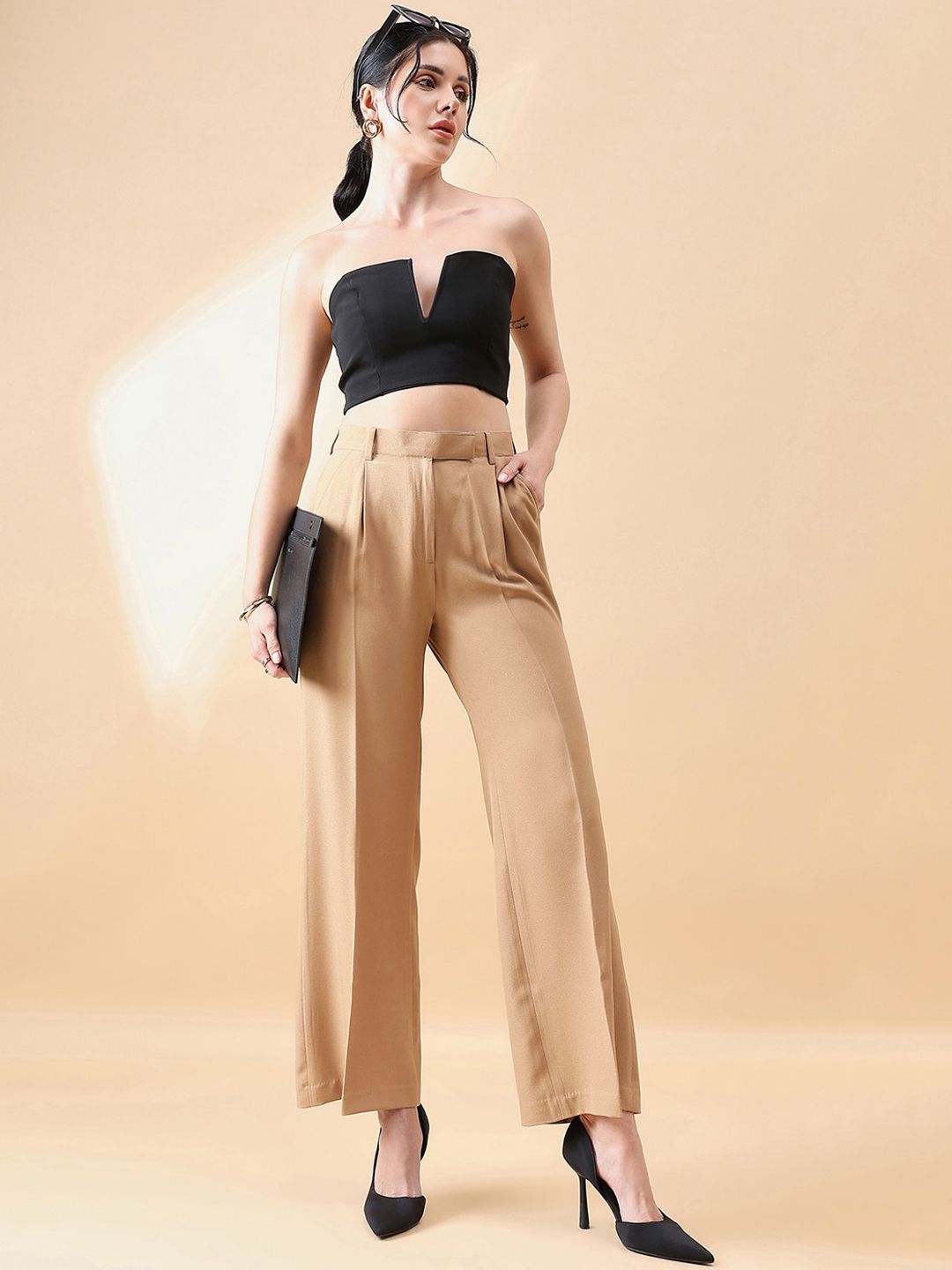 High Waist Straight Trouser - Beige