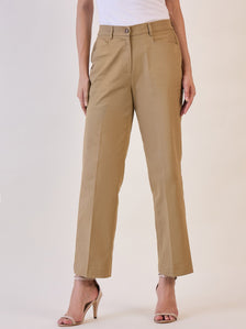 Straight fit mid waist trouser in camel brown for stylish outfits.