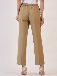 Straight fit mid waist camel brown trousers with stylish ankle detail.