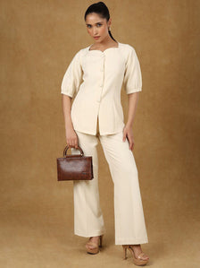 Ivory Pleated High Waist Wide Leg Trouser