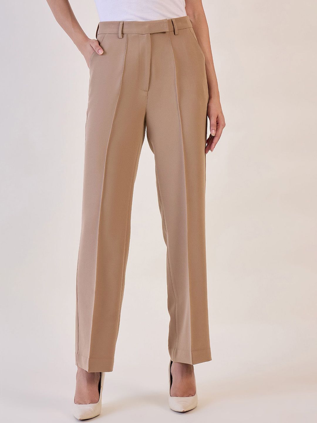 Brown Straight Fit High Waist Pin Tuck Trouser