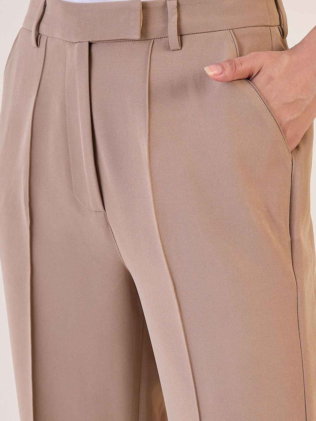 Brown Straight Fit High Waist Pin Tuck Trouser