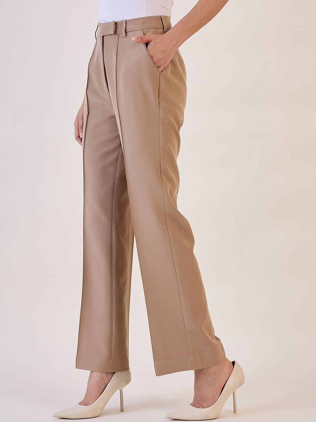 Brown Straight Fit High Waist Pin Tuck Trouser