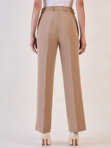 Brown Straight Fit High Waist Pin Tuck Trouser