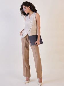 Brown Straight Fit High Waist Pin Tuck Trouser