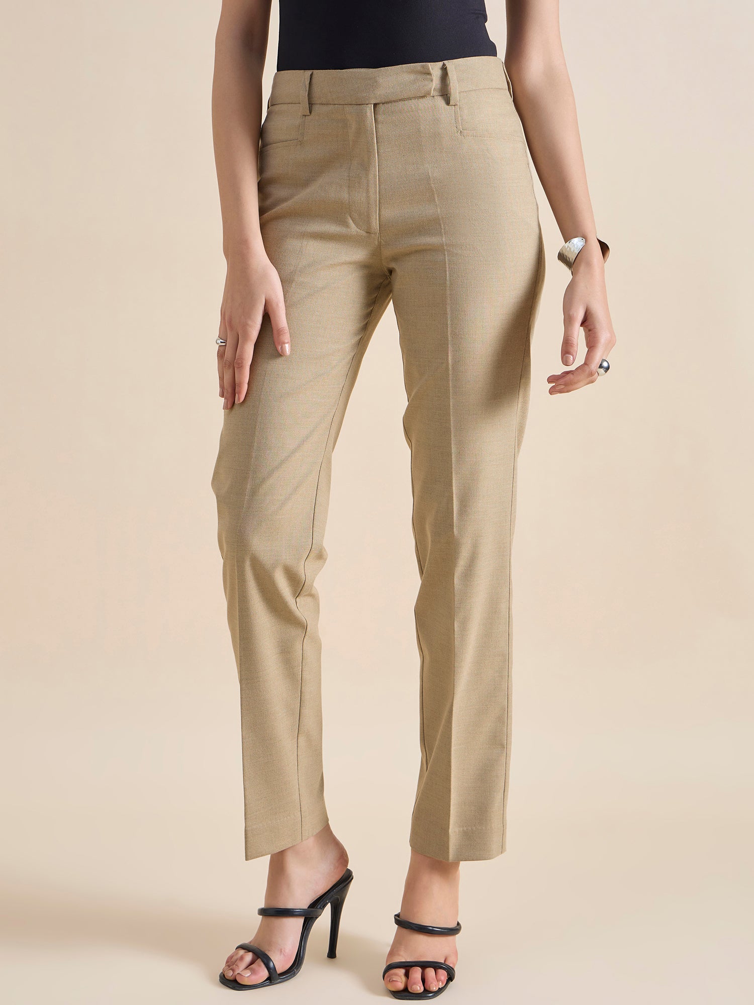 Beige Regular Fit Mid Waist Trouser