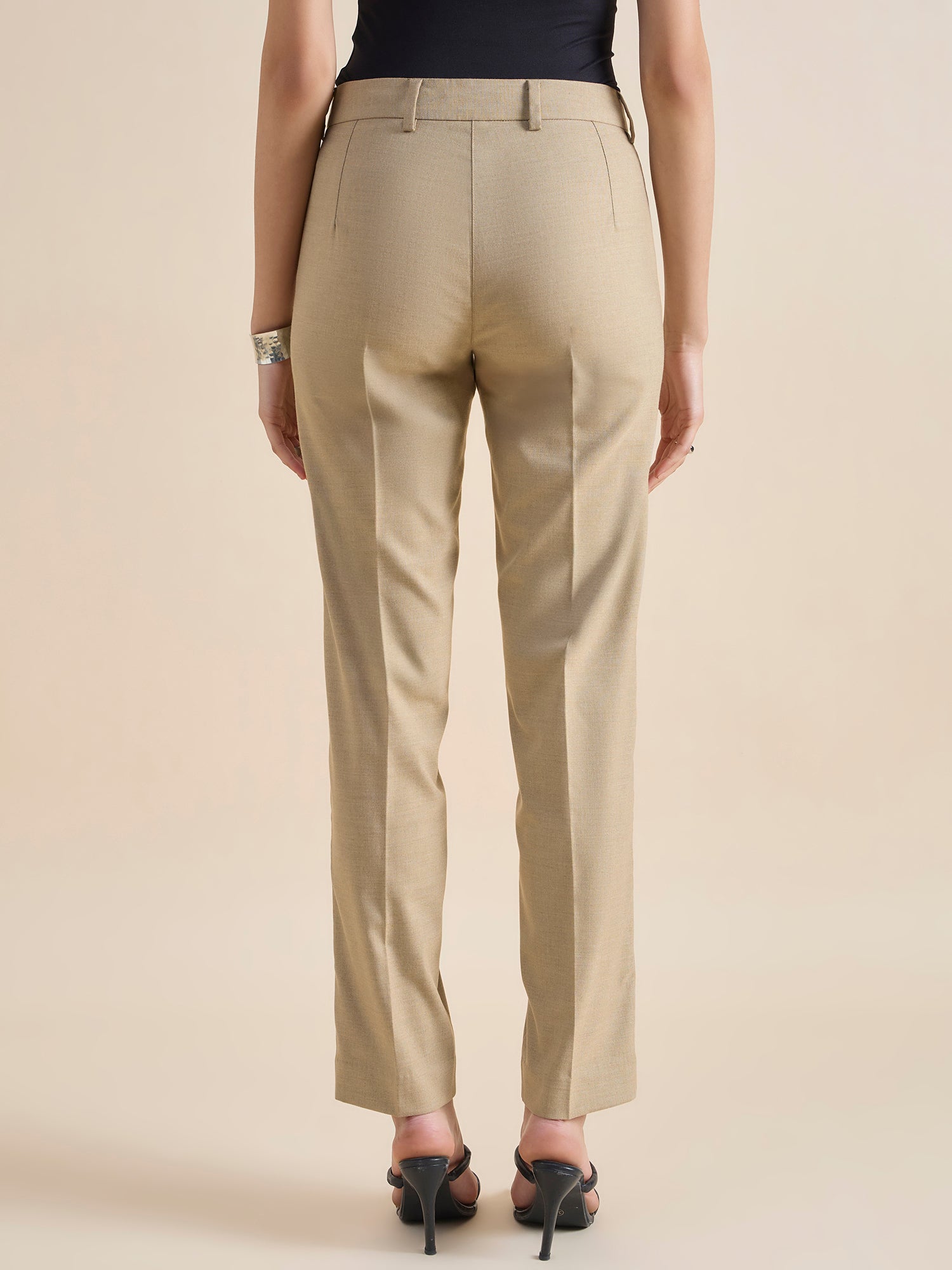 Beige Regular Fit Mid Waist Trouser