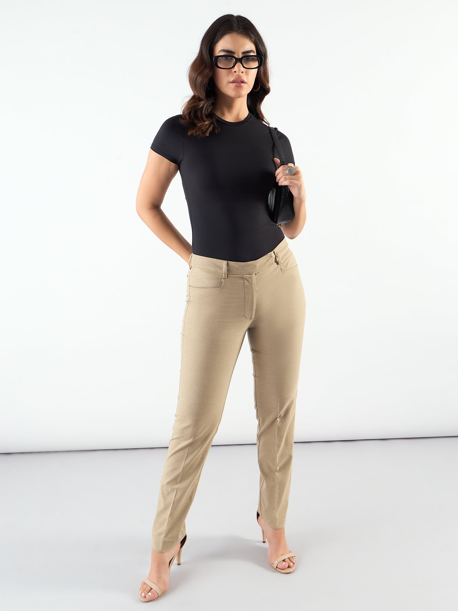 Beige Regular Fit Mid Waist Trouser