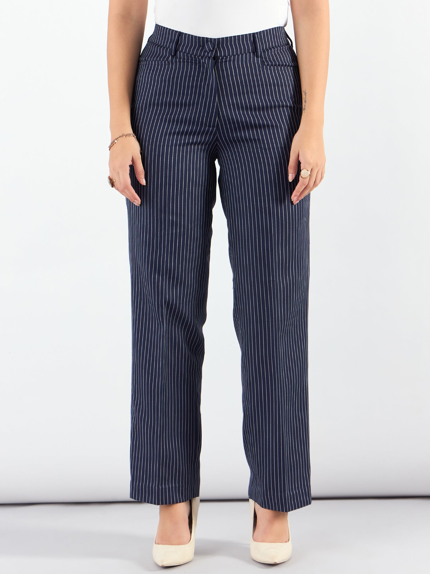 Blue-Striped High Waist Tailored Trousers