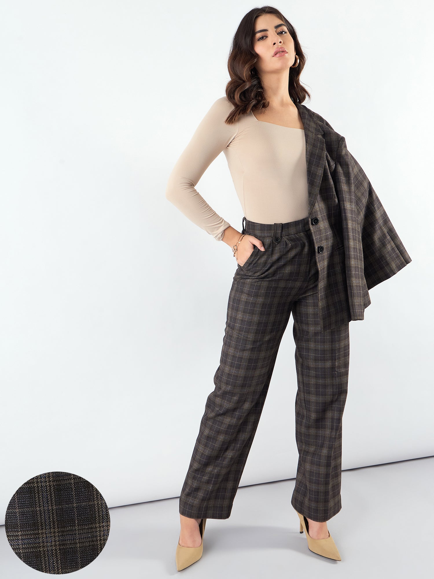 Classic Brown Check High Waist Warm Trouser