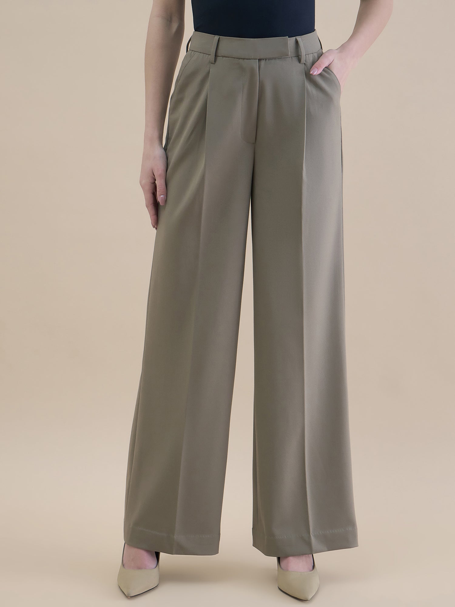 Women High-Waist Pleated Straight Leg Relaxed Fit Trouser In 4-Way Stretchable Fabric