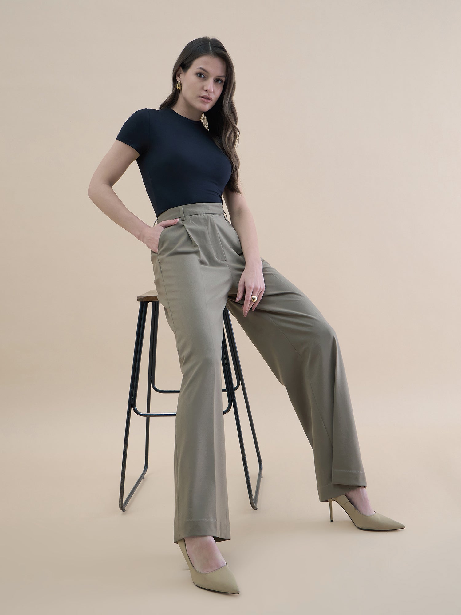 Women High-Waist Pleated Straight Leg Relaxed Fit Trouser In 4-Way Stretchable Fabric