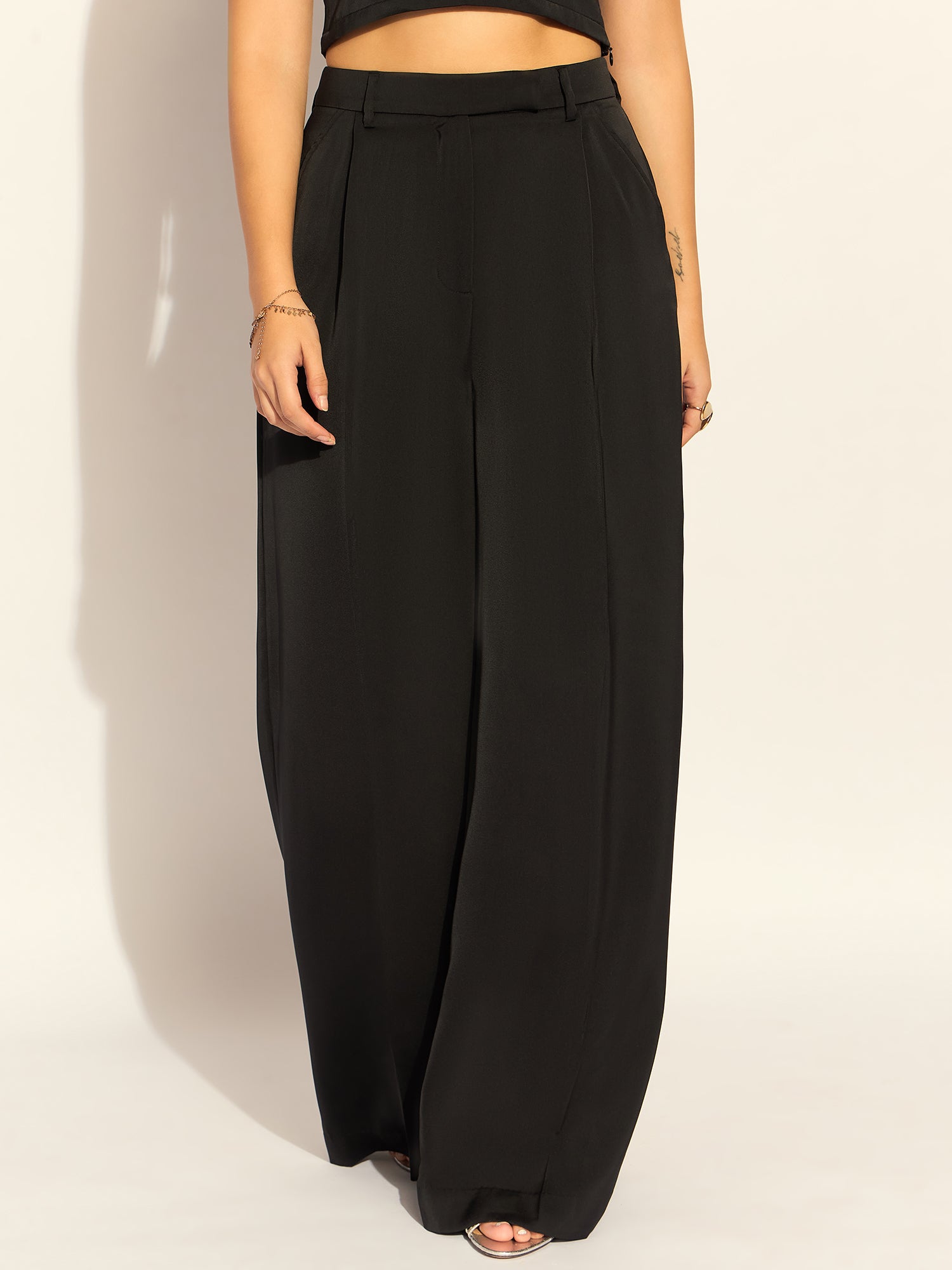 Elegant Black Relaxed Straight Fit Satin High Waist Wide Leg Trouser In Soft Satin