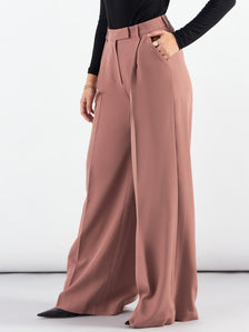 Dusty Peach Classic High-Waisted Wide-Leg Trousers in Stretch Fabric, Relaxed Straight Fit