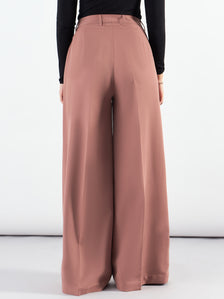 Dusty Peach Classic High-Waisted Wide-Leg Trousers in Stretch Fabric, Relaxed Straight Fit