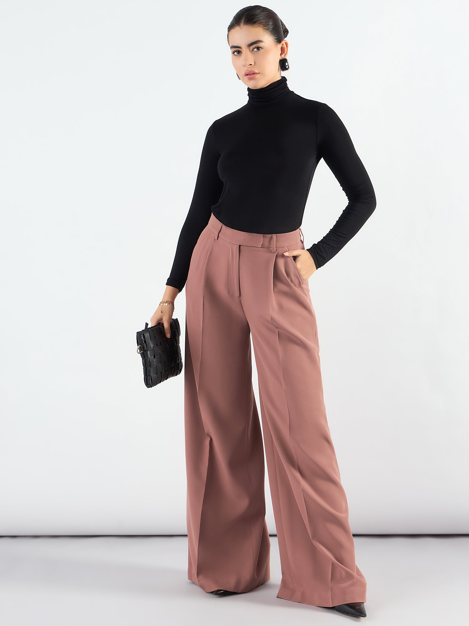 Dusty Peach Classic Relaxed Straight Fit High Waist Wide Leg Trouser In Stretchable Fabric