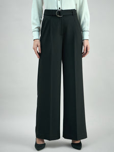 Women High Waist Belted Black Trouser In 4-Way Stretch Fabric