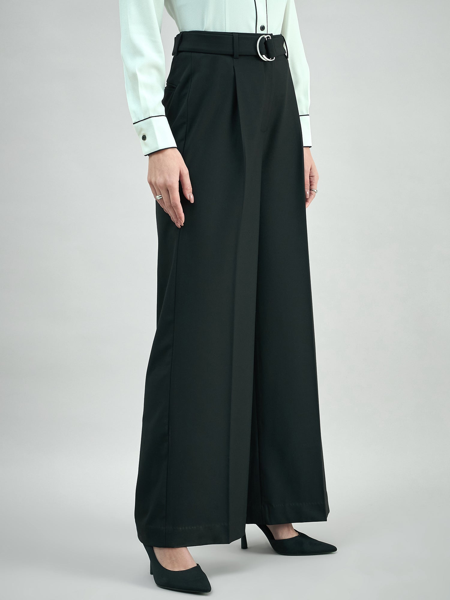 Women High Waist Belted Black Trouser In 4-Way Stretch Fabric