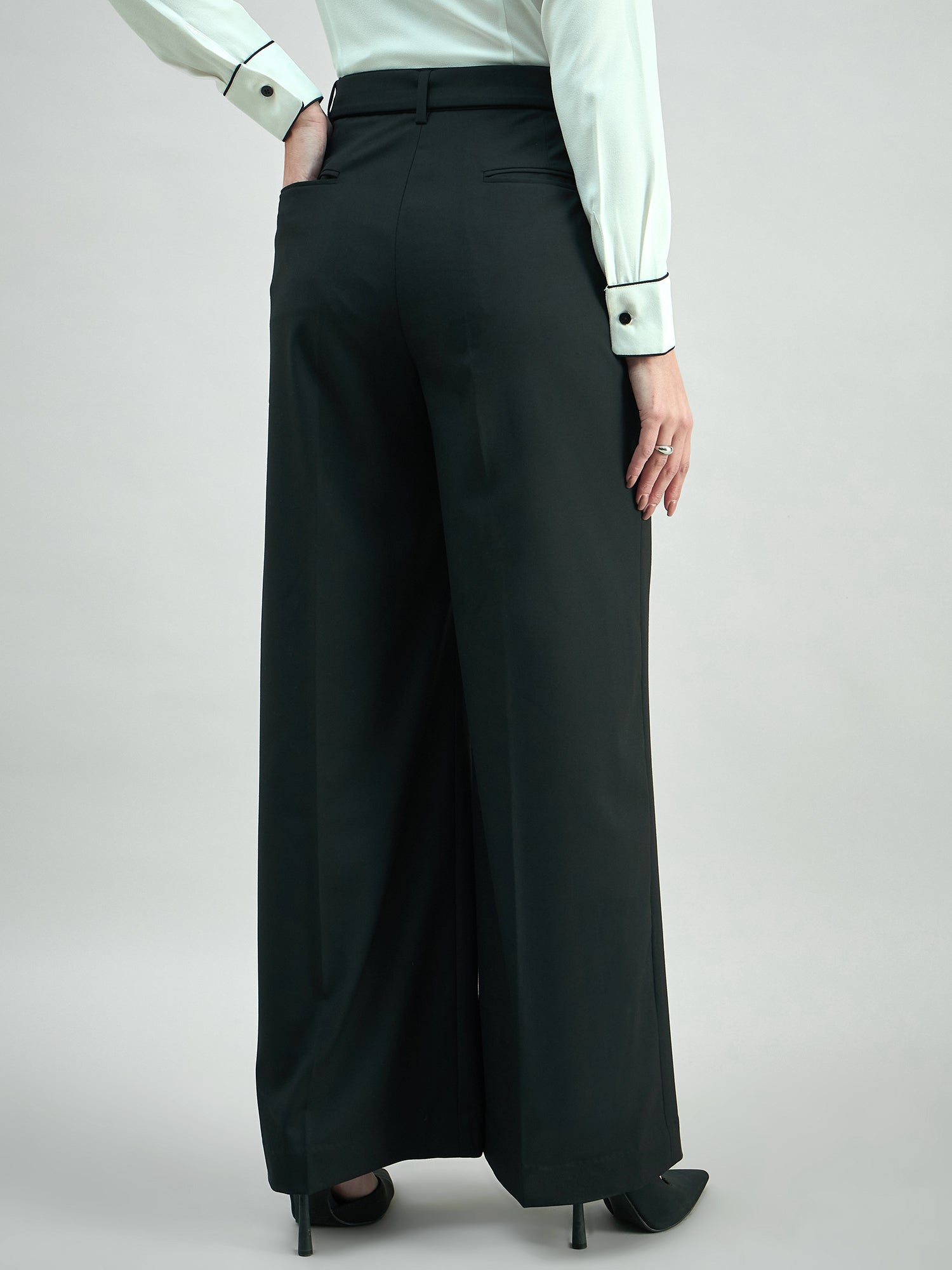 Women High Waist Belted Black Trouser In 4-Way Stretch Fabric