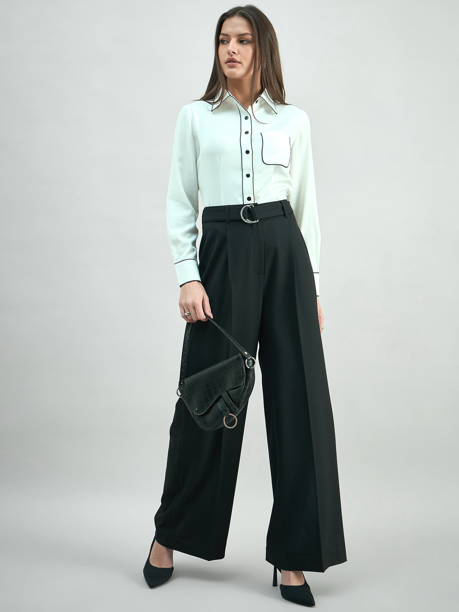 Women High Waist Belted Black Trouser In 4-Way Stretch Fabric