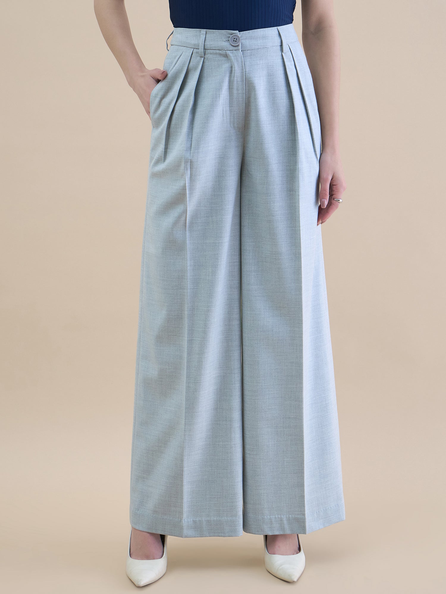 Women High Waist Pleated Loose-Fit Straight Cut Solid Grey Trouser