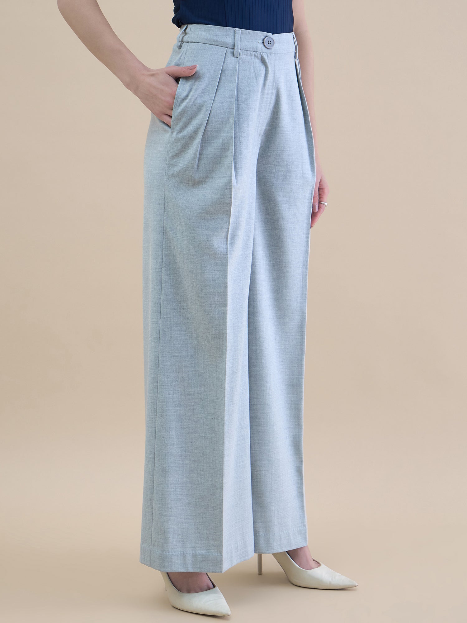 Women High Waist Pleated Loose-Fit Straight Cut Solid Grey Trouser