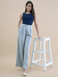 Women High Waist Pleated Loose-Fit Straight Cut Solid Grey Trouser