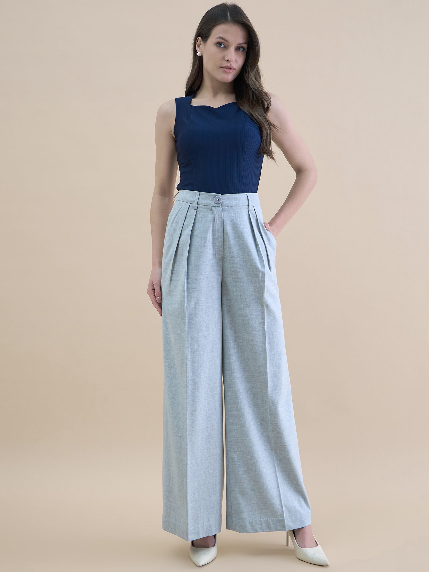 Women High Waist Pleated Loose-Fit Straight Cut Solid Grey Trouser