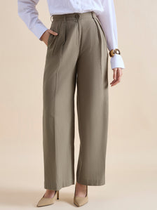 Women High Waist Pleated Loose-Fit Straight Cut Cotton Blend Solid Trouser