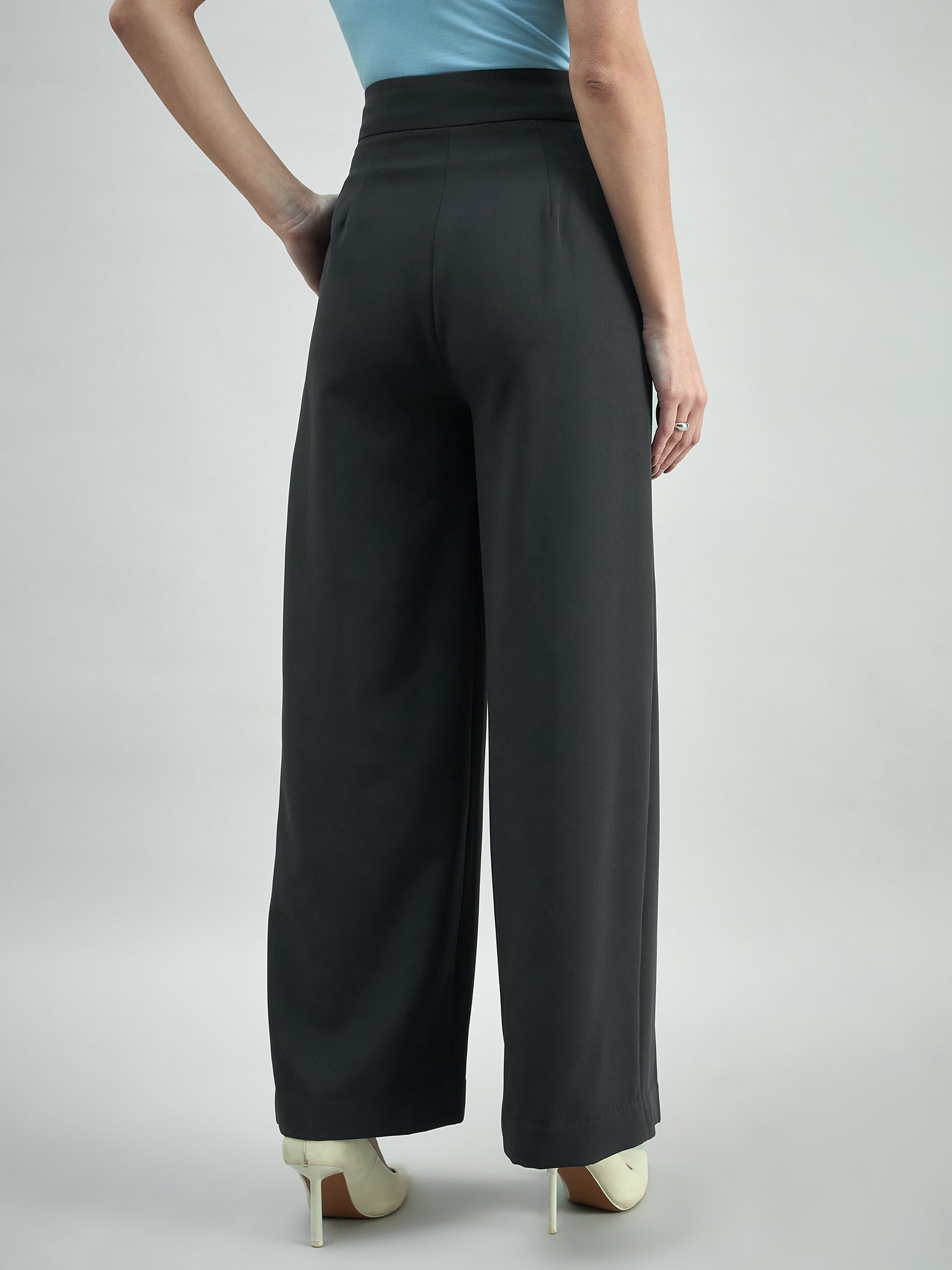 Women High Waist Inverted Pleat Detail Stretchable Grey Trouser