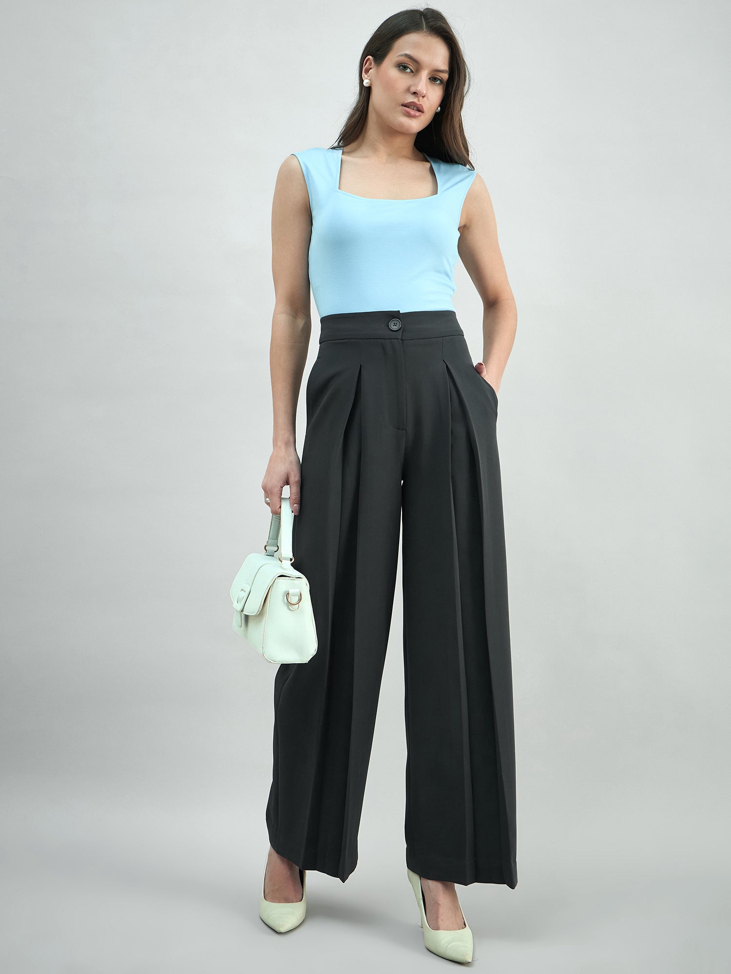 Women High Waist Inverted Pleat Detail Stretchable Grey Trouser