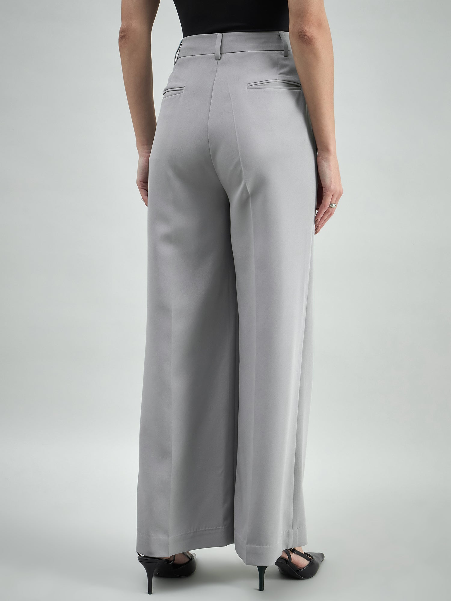 Women High Waisted Long Leg Straight Grey Stretchable  Trouser