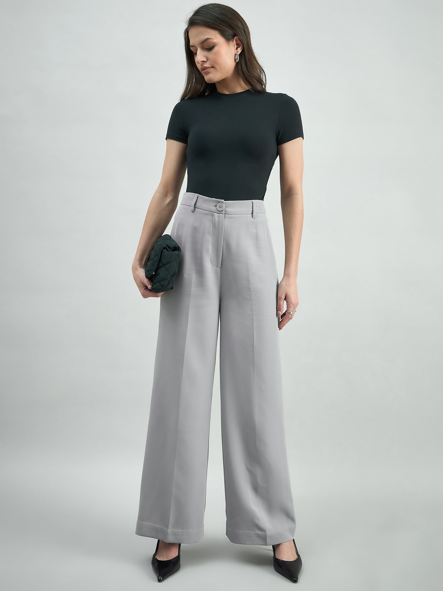 Women High Waisted Long Leg Straight Grey Stretchable  Trouser