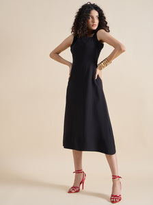 Classic Square-Neck Sleeveless Fit & Flare Midi Dress In Stretch Fabric