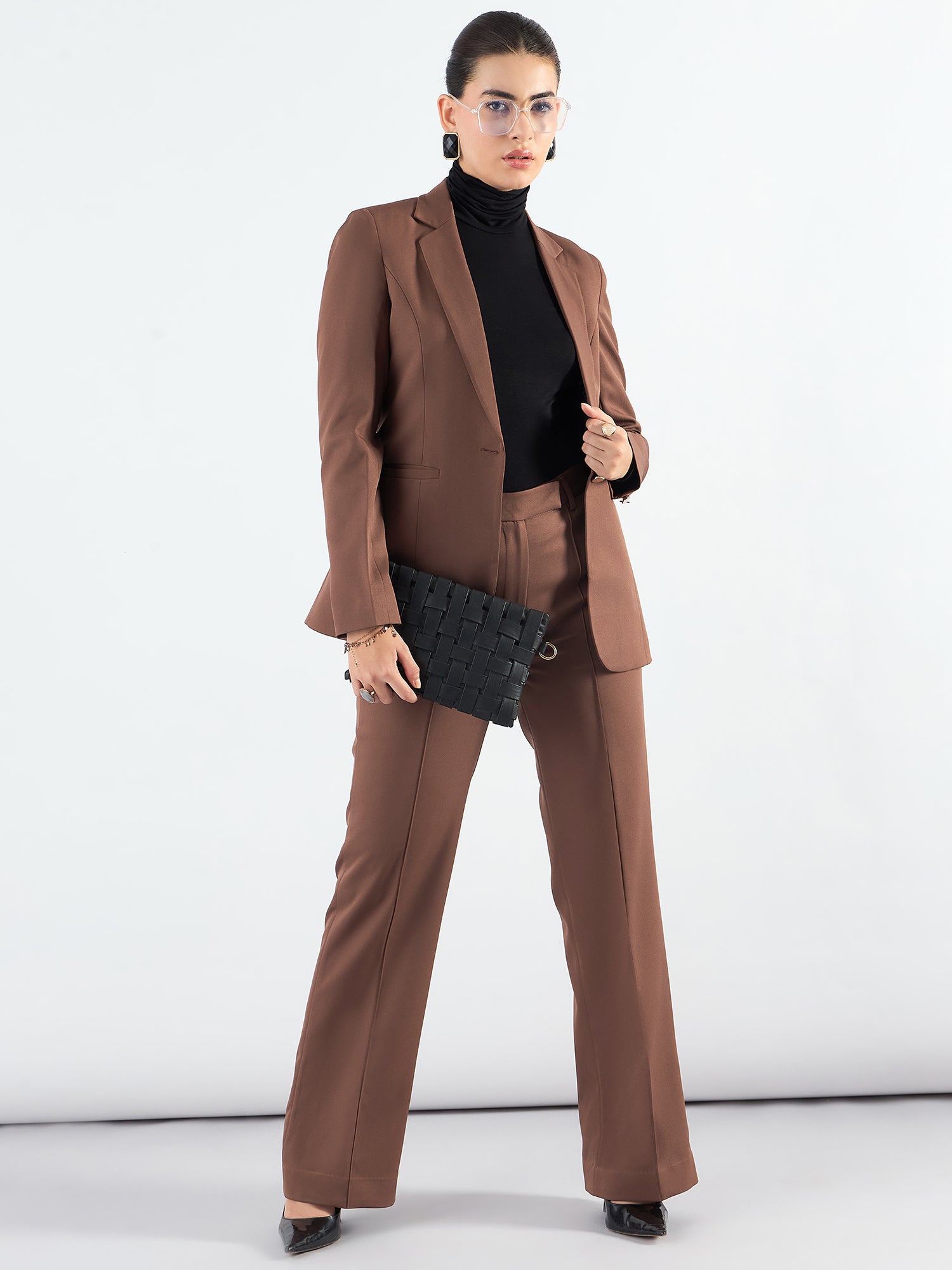 Brown Notched Lapel Blazer With High-Waist Trouser In Stretchable Fabric