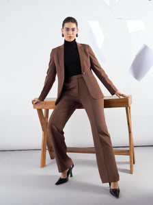 Brown Notched Lapel Blazer With High-Waist Trouser In Stretchable Fabric