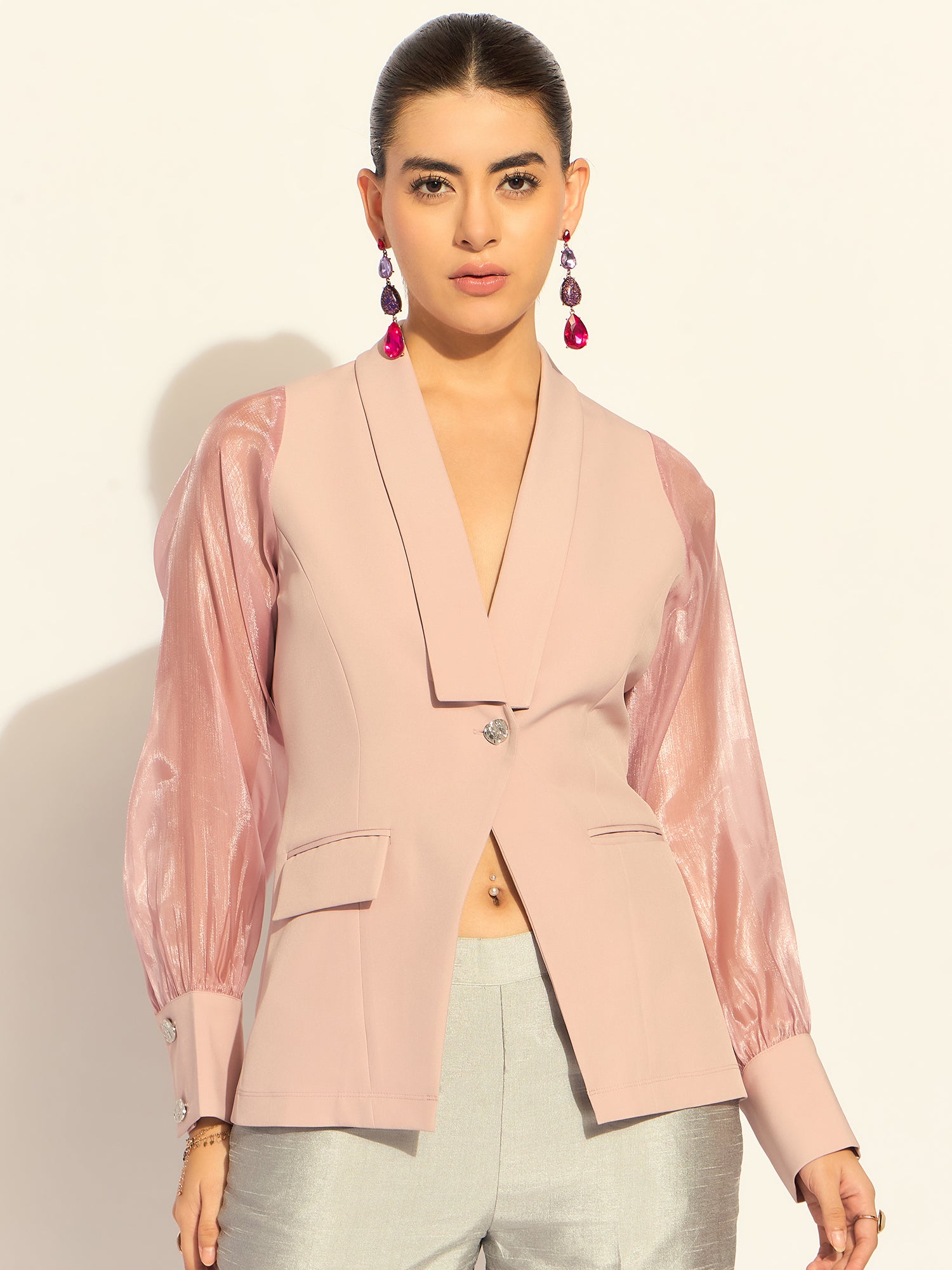 Pink Puffed-Sleeves Split Joint Lapel Top In Stretchable Fabric