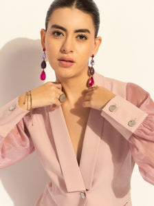 Pink Puffed-Sleeves Split Joint Lapel Top In Stretchable Fabric