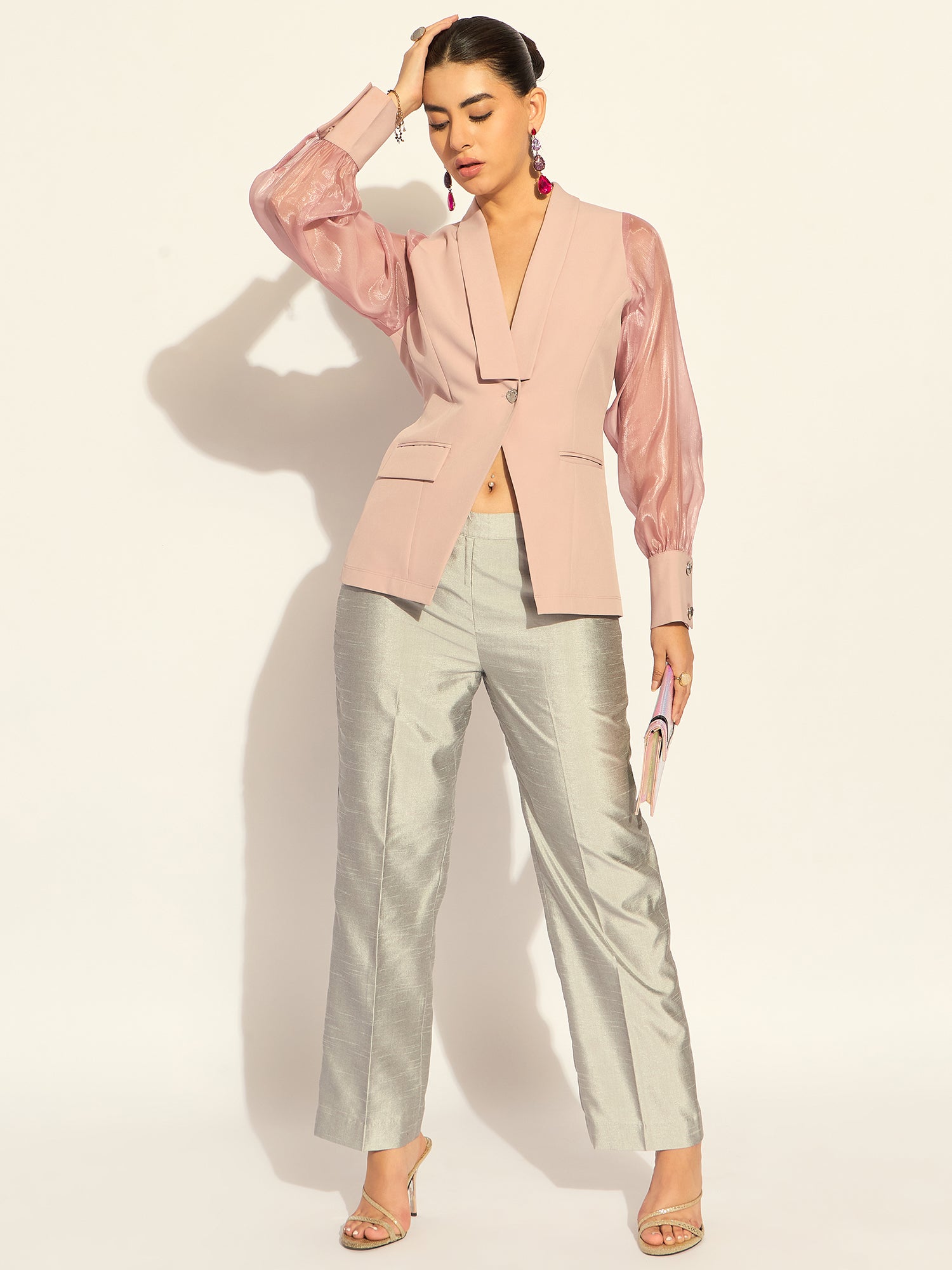 Pink Puffed-Sleeves Split Joint Lapel Top In Stretchable Fabric