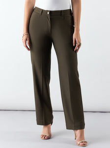 Olive Regular Fit Mid Waist Trouser In 4-Way Stretch Fabric