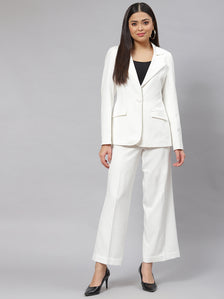 Elegant white stretch pant suit for women, perfect for professional occasions.