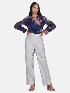 Dupioni silk mid waist trousers in silver, stylish casual outfit.