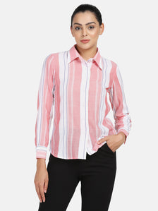 Striped peach cotton shirt for women, stylish and casual attire.